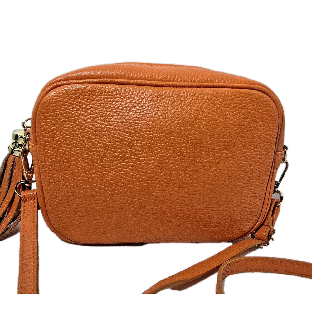 Borse in Pelle Crossbody Shoulder Bag Orange Pebble Leather 2 Straps Made Italy - Picture 2 of 13
